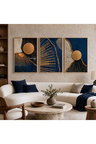 RDEKOR Lacivert Gold Geometrik 3 Parça Çerçeveli Premium Duvar Tablosu - R0259