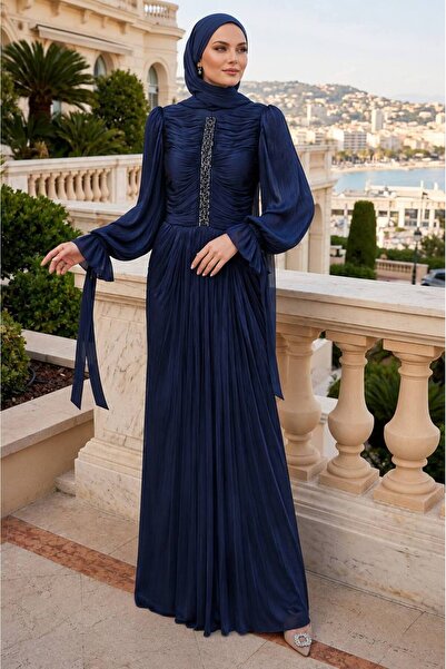 N.S NEVA STYLE Stone Striped Draped Navy Blue Hijab Evening Dress 5739L