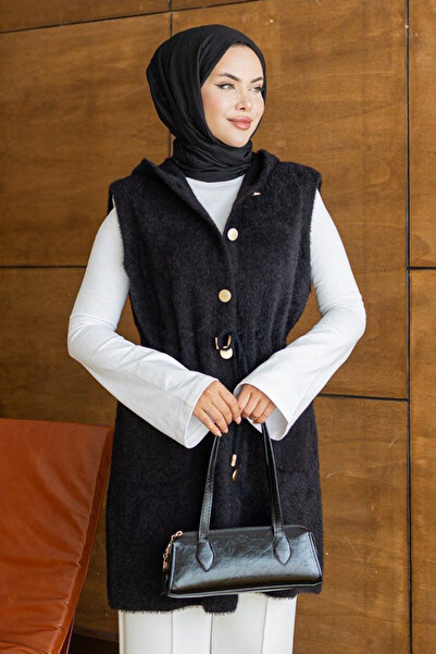 Neva Style Hooded, Tie-Waist, Black Bearded Angora Hijab Knitwear Vest 251485S