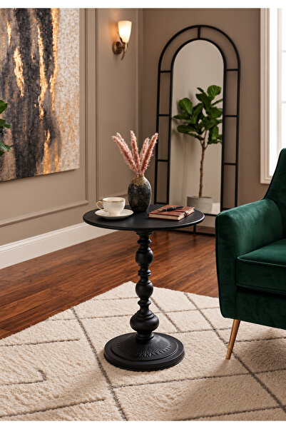 Royal Home Round Black End Table with Classic Scroll-Decorated Base
