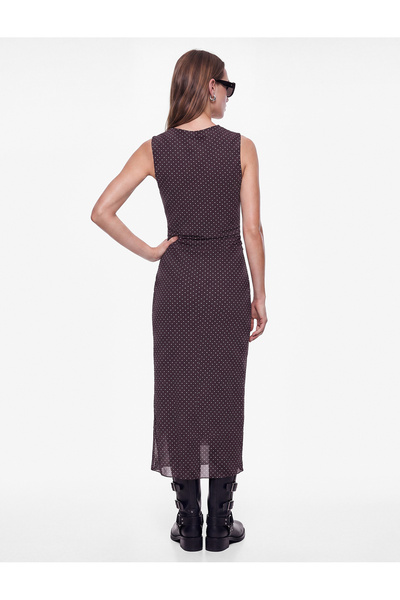 Koton Slim Fit Crew Neck Sleeveless Draped Polka Dot Long Tulle Dress