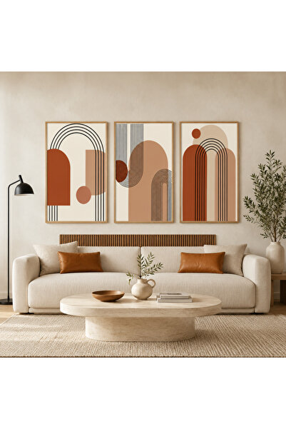 RDEKOR Terracotta Kemer ve Geometrik 3 Parça Çerçeveli Bohem Duvar Tablosu - ...