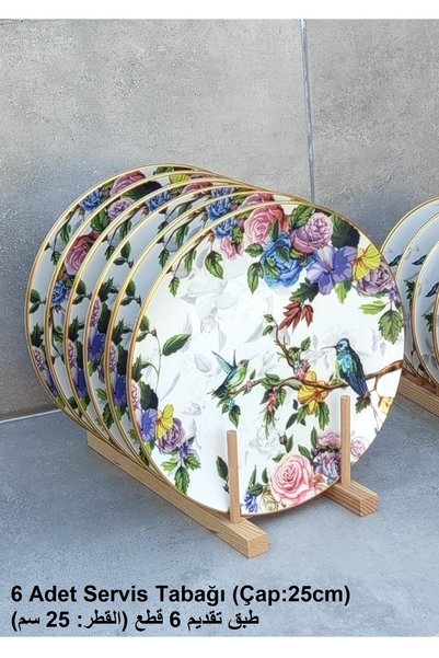 Pinkev 6 Kişilik 25cm Seramik Servis Tabağı Seti - Kuş Desen