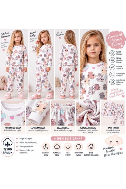 ninita kids Girls' Pajama Set Teddy Bear Patterned Cotton Long Sleeve Winter Pajama Set