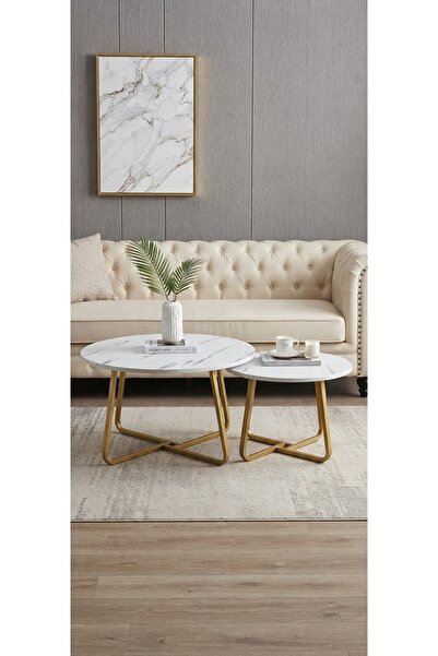 Modern shop Elegant Nested Coffee Table Set, White Marble Top and Gold Base