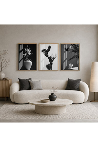RDEKOR Siyah Beyaz Botanik Çiçek 3 Parça Çerçeveli Modern Duvar Tablosu - R0209