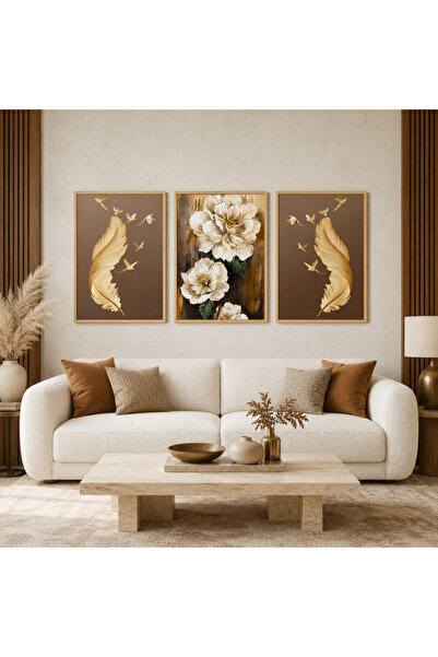 RDEKOR Gold Tüy ve Beyaz Çiçek 3 Parça Çerçeveli Dekoratif Duvar Tablosu - R0241
