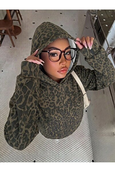 DENİKK Trend Cheetah Print Hoodie 3 Yarn Digital Print Hooded Sweat Cardigan