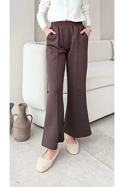 Miraydın Butik Women's Wide-Leg Striped Scuba Pants M7071 - Brown