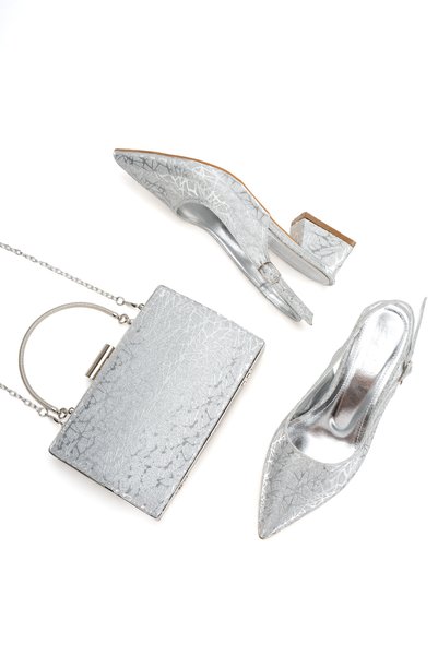Akçetin Moda Women's Thick Heeled Glittery Evening Dress Shoes and Bag Set