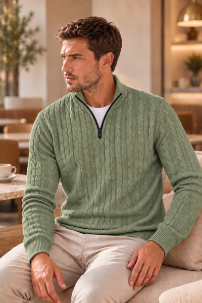 SERABLANKA Men's Standard Fit Hair Knit Half Zipper Knitwear Sweater