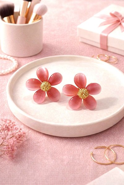 Fildişi Aksesuar Premium Pink Flower Shaped Women's Earrings Double Piece Handmade Earrings