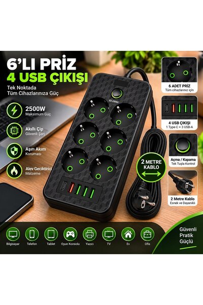 abnturk 6'lı Akıllı 2500W Grup Priz-4 USB Çıkışı 2 Metre Kablolu Akım Korumal...