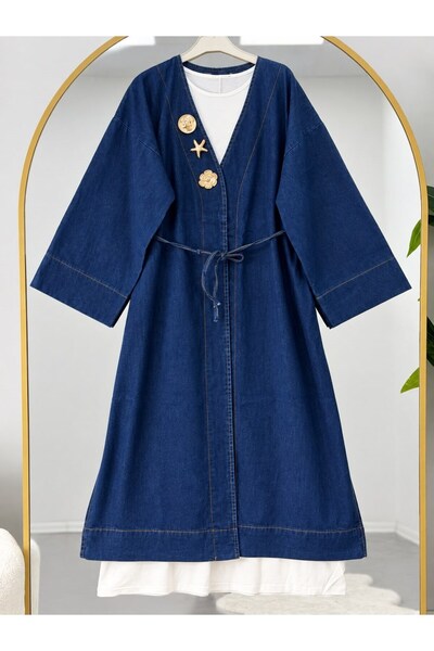 modasindoma Women's Hijab Gold Accessory Detailed Kimono Navy Blue