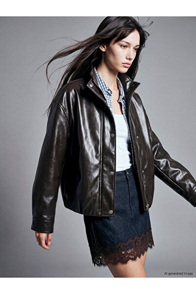 LC Waikiki Rmz Gi̇yi̇m Farkiyla Stand Collar Loose Fit Women's Leather Look Coat