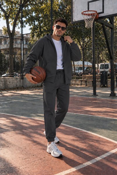 BARLİZ Erkek Trend Model Premıum 3 iplik Şardonlu Kapşonlu Jogger Hırka Eşofm...