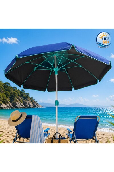OEM Windproof Beach Umbrella Blue Silver UPF+50 Aluminum Frame 4 Rings - Ø2.25m