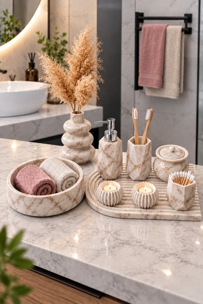 lufen deco Marble Patterned Bathroom Wc Accessory Set Soap Dish Toothbrush Holder Presentation Tray Candlestick Candle Holder Vase