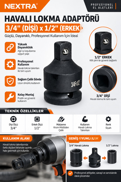 NEXTRA 3/4" Dişi x 1/2" Erkek Havalı Lokma Adaptörü – Darbeli Somun Sökme Lok...