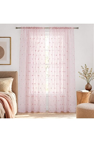 OEM Perdea din Voal Roz cu Pompon 140x260cm