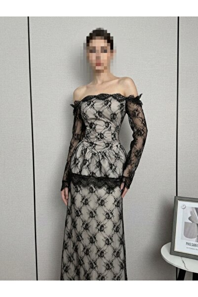 kadina Luxury Lace Evening Dress with Off-The-Shoulder Long Sleeves High-End ...
