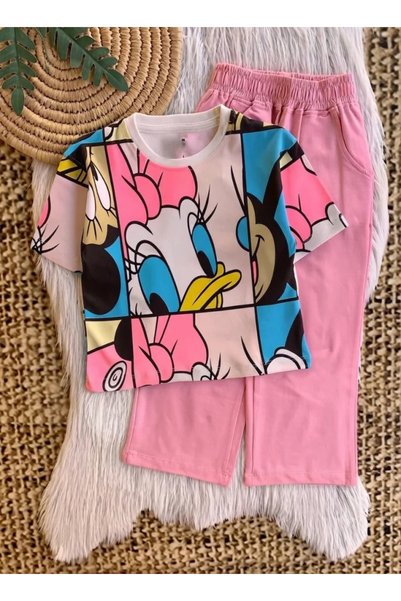 Generic Brand Girls' Cheerful Pink Casual Set - 100% Cotton T-Shirt with Dais...