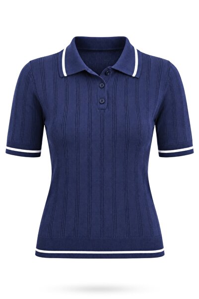 5in1Canpolat Navy Blue Polo Neck Short Sleeve Knitted Sweater
