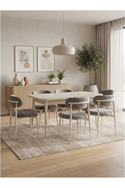 Concept Ayz Home Sofia Serisi 6 Kişilik Gri Oscar Kumaş 80*130 Traverten Açıl...