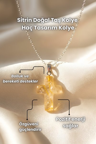 Elifsu Jewelry Pembe Kuvars, Sitrin, Aventurin Doğal Taş Kolye Haç Tasarım Kolye