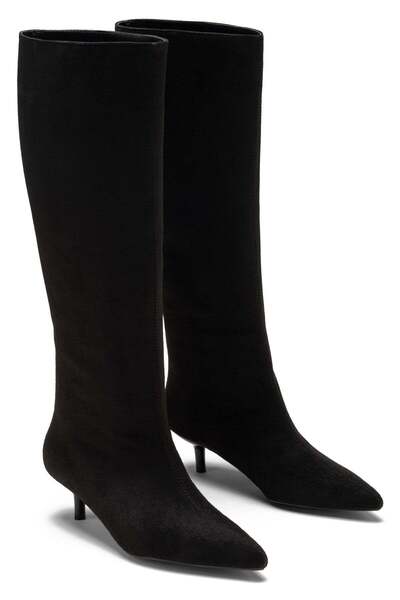 Dedos Women's Black Suede Pipe Cut Short Thin Heeled Boots
