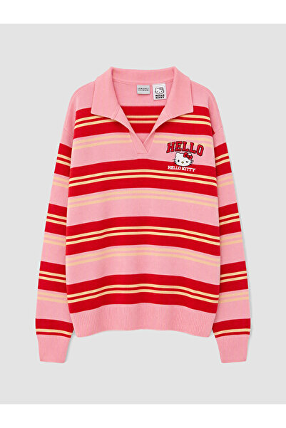 LC Waikiki Peak New Season Pink Polo Collar Embroidered Girls' Sweater