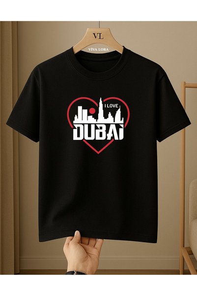 VİVA LORA Love Dubai Printed 100% Cotton Crewneck Regular Unisex T-Shirt