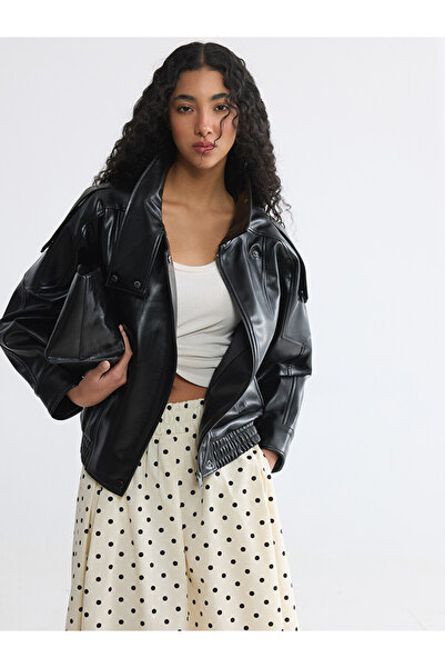 LC Waikiki Vizyon New Season Black Stand Collar Women's Leather Look Jacket