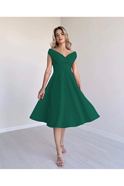 MODA ŞEHRİ Women's short sleeve double breasted lapel skirt flounced crepe dress