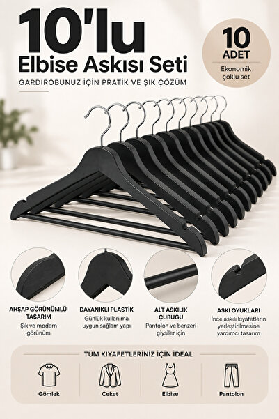 DOVİHOME Set of 10 Black Clothes Hangers – Wood-Look Durable Plastic, with Tr...
