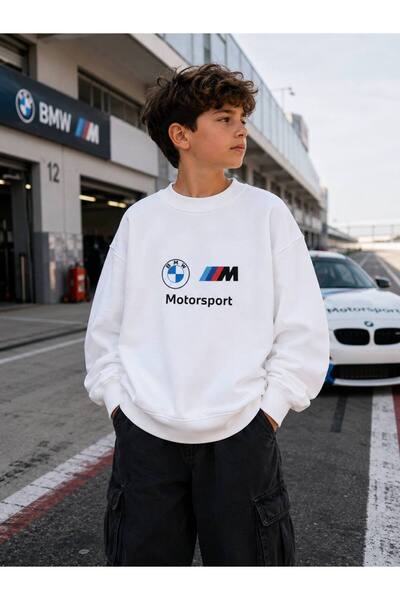 Genel Markalar BMW baskılı şardonsuz beyaz renk sweatshirt