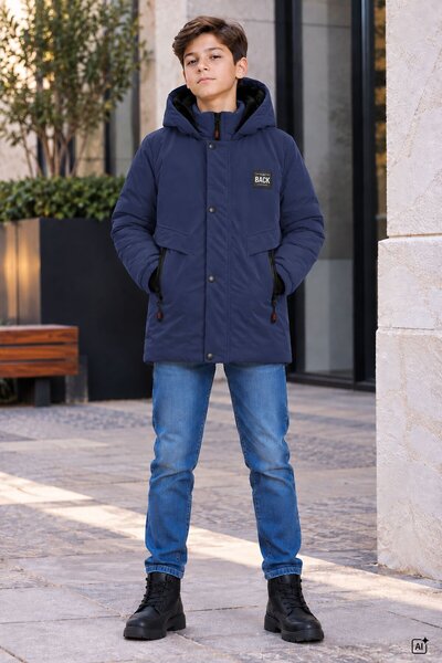 Cansın Mini Navy Blue Zipper Pocket, Arma Detail, Detachable Hood with Fur In...
