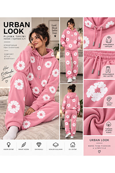 Urban Look Unisex Beyaz Çiçek Baskılı Oversize Hoodie Eşofman Takımı