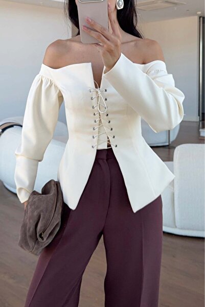 HAZELANNA Ecru Corset Blouse with Eyelet Detail