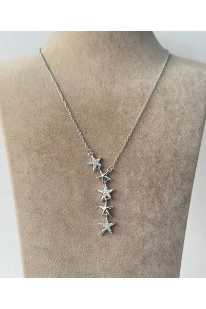 GK LUXURY & FASHION Silver Stone 5 Star Y Necklace 316L Sterling Silver Color...