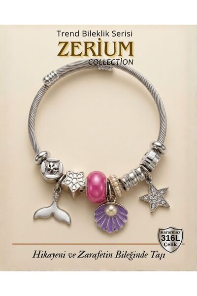 ZERİUM Trend Steel Stylish Women's Charm Steel Bracelet Purple Sea Shell and ...