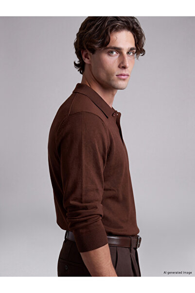 LC Waikiki Lcw Vision Brown Knitwear Plain Polo Neck Men's Sweater with Nevav...