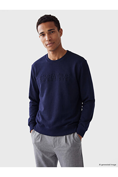 LC Waikiki Vizyon New Season Navy Blue Crew Neck Printed Men's Thick Sweatshirt