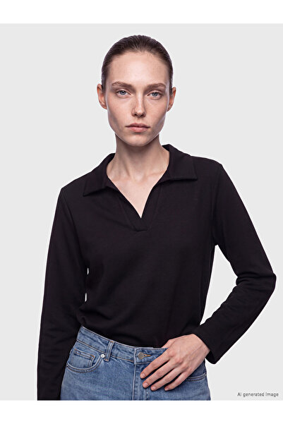 LC Waikiki Peak New Season Black Polo Collar Soft Touch Women's Sweatshirt