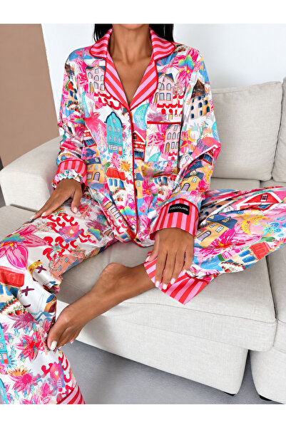 Pijamaya Premium Saten Kumaş Düğmeli Uzun Kollu Pijama Takımı - Bandaj ve Tok...