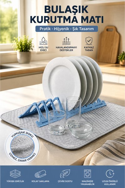 SYN AKSESUAR Mikrofiber Bulaşık Kurutma Matı ve Tabak Stantlı – Yüksek Emici ...
