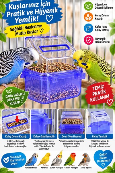 Genel Markalar Aslia Kuş Suluk ve Yemlik Seti Mavi Şeffaf Hazneli Kafes İçi M...