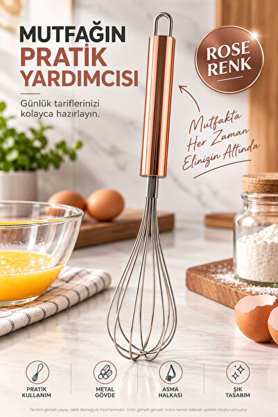 Rose Gold Saplı Metal Çırpıcı 28 cm Tel Çırpma Teli Yumurta Kek Krema Sos Mutfak Çırpıcısı