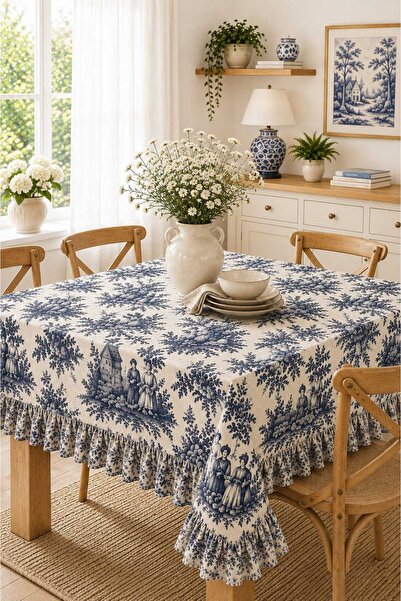 linea natura home Navy Blue Duck Fabric French Country Patterned Ruffled Tabl...