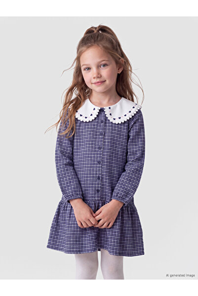 LC Waikiki Texx Store Quality Lcw Kids Navy Blue Gabardine Plaid Girls' Dress